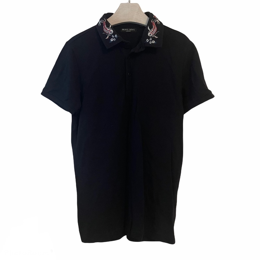 Brave Soul Polo Black Small Koi Embroidered